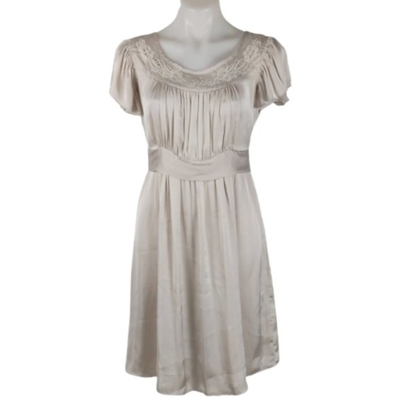 Zhouk Dresses & Skirts - Zhouk Dress Size M Cream Flutter Sleeves Tie Waist Embroidered Cutouts 100% Silk